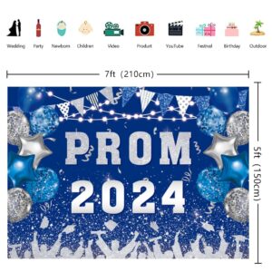 INRUI Prom 2024 Photography Background Blue and Silvery 2024 Prom Night Banner Glitter Balloons Flags Graduation Prom Party Decorations Backdrop (7x5FT)