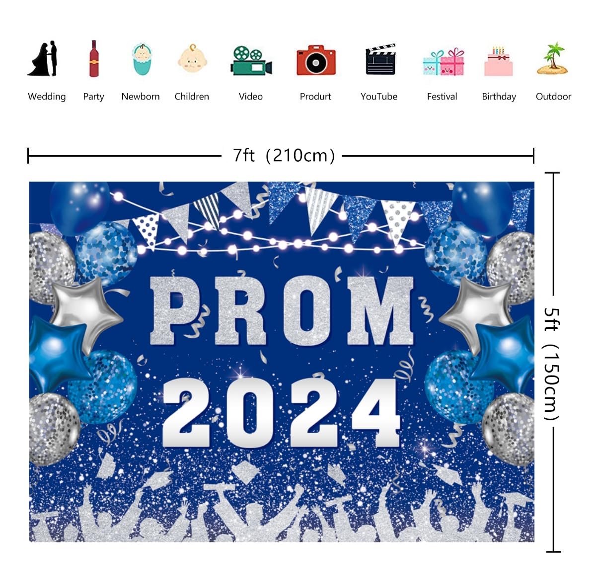 INRUI Prom 2024 Photography Background Blue and Silvery 2024 Prom Night Banner Glitter Balloons Flags Graduation Prom Party Decorations Backdrop (7x5FT)