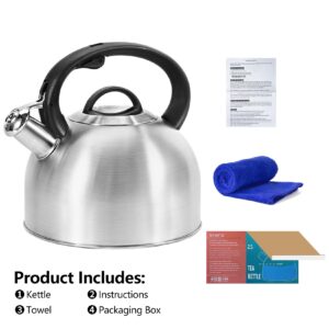 Foedo Whistling Stovetop Tea Kettle, 3.2Qt Food-Grade 304 Stainless Steel Teapot, Ergonomic Handle,Hot Water Quick Boil,All Metal Stove Kettle Rust Resistant and Durable,With Anti-Scald Towel(Silver)