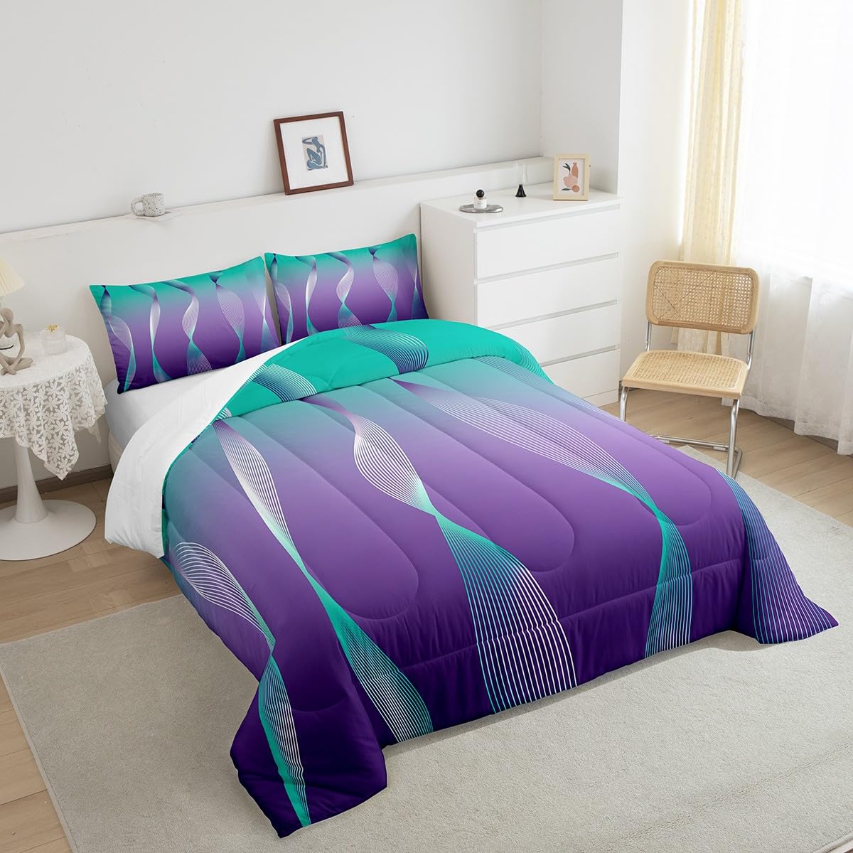 Erosebridal Gradient Gradient Teal to Purple Comforter Set for Girls,Irregular Silver Stripe Wave Line Quilt Ombre Bedding Set King,Abstract Art Room Decor Aesthetic