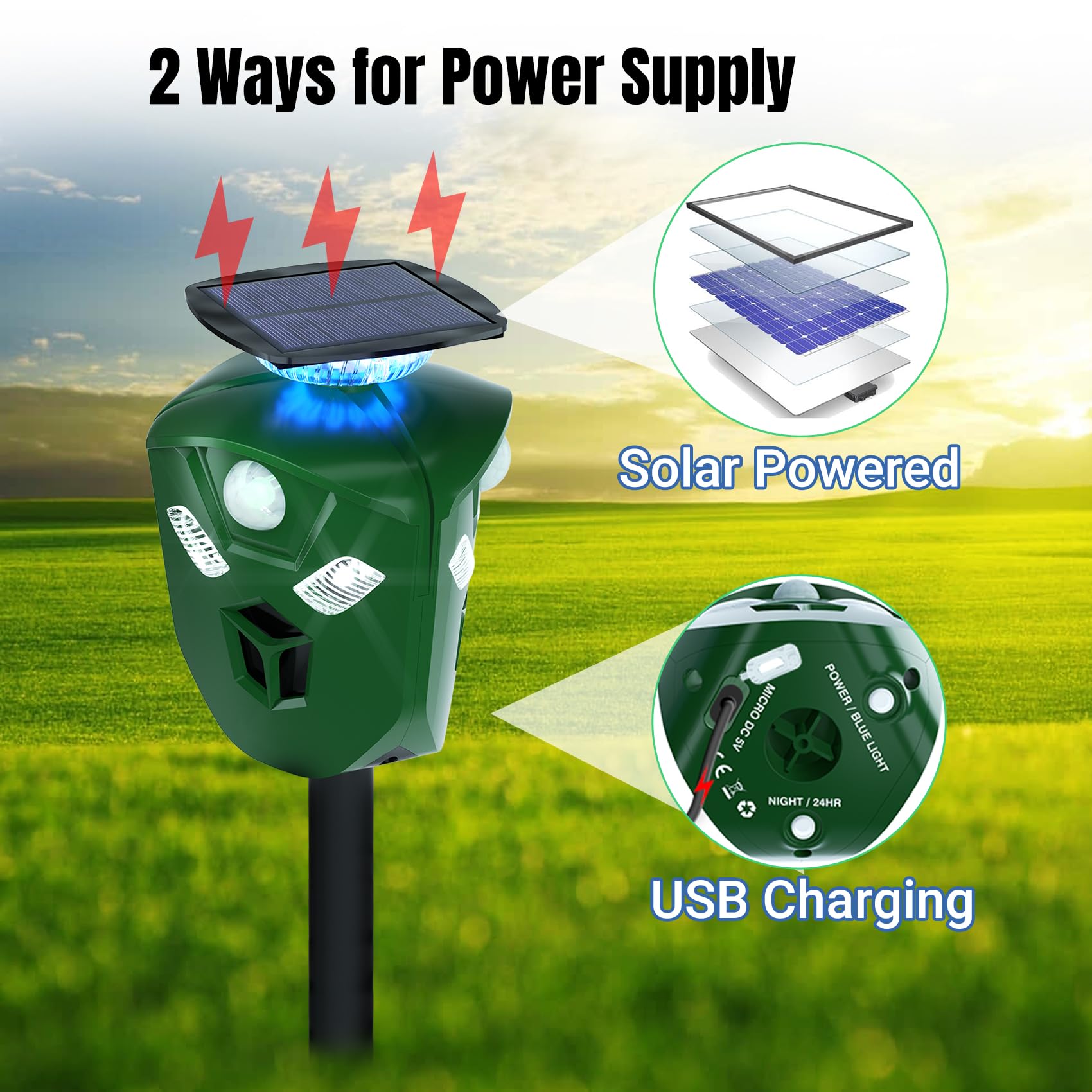 X-PEST 360° Solar Animal Repeller Motion Activated Deer Repellent Devices Ultrasonic Cat Deterrent Outdoor Waterproof Dog Repellent for Yard, Repel Raccoon Skunk Rabbit & More - USB Rechargeable