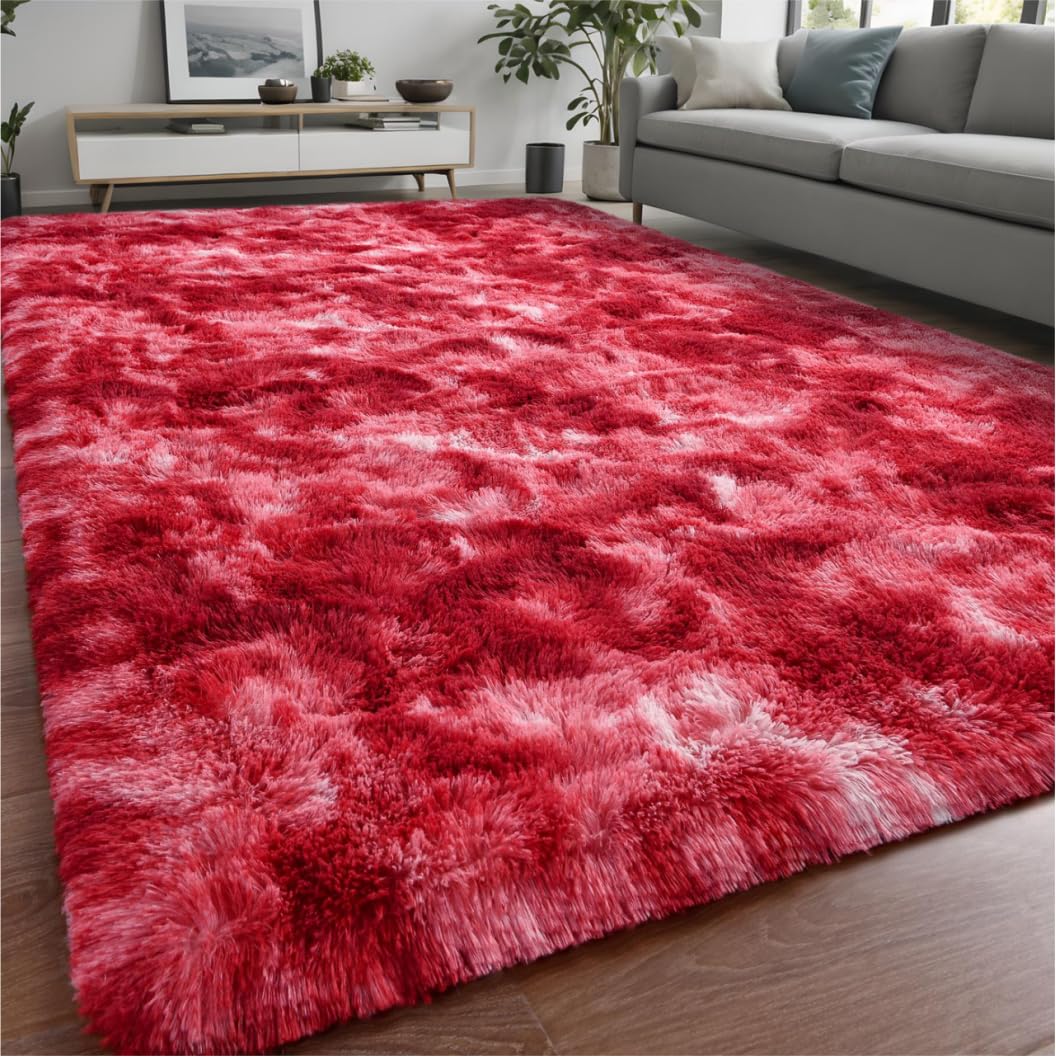 Larhom Fluffy Shag Area Rug, 4x6 ft Burgundy Red Tie-Dyed Shaggy Fuzzy Carpets for Living Room, Ultra Soft Plush Rugs for Bedroom, Girls Kids Room, Nursery Dorm Home Decor, Non-Slip