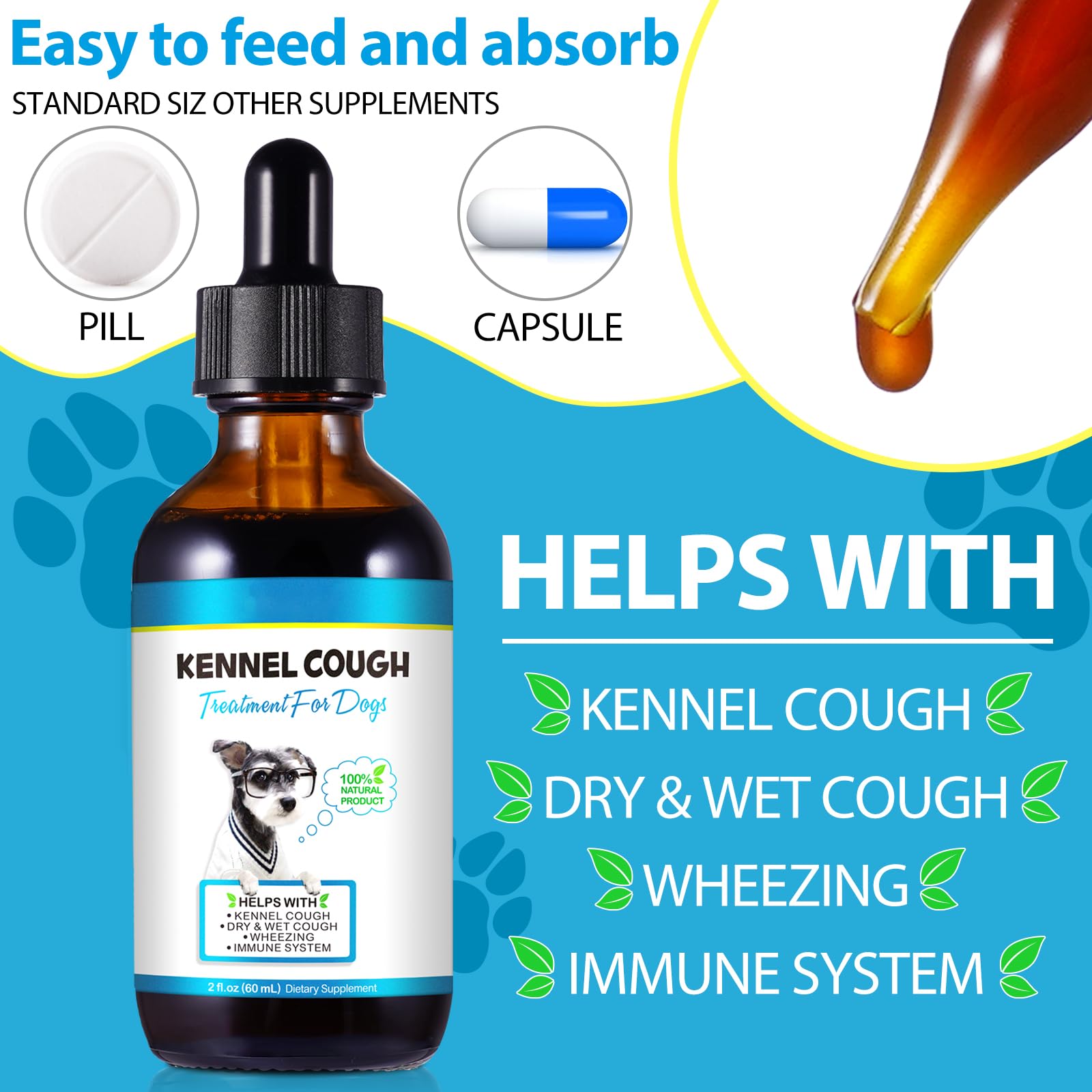 Kennel Cough for Dogs, 60Ml Kennel Dog Cough Treatment, Effective Relieving Dogs Cough Symptoms, Kennel Cough Medicine for Dogs Herbal Drops for All Breeds & Sizes, Supplement for Dogs Itch