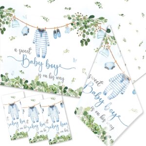 3 pack baby shower tablecloth decoration,watercolor greenery a sweet baby boy is on the way baby shower decoration,waterproof greenery baby shower tablecloth for boy gender reveal party decoration