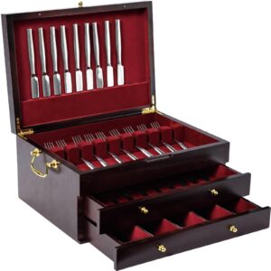 genrice wooden silverware chest without silverware three-layer, silverware box storage for silver, silverware case with handle and felt lined, flatware chest for 12 or 16 or more sets of utensils