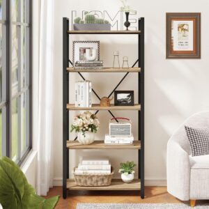 FATORRI 5 Tier Bookshelf, Industrial Wood and Metal Book Shelves for Display, Tall Etagere Bookcase and Rustic Shelving Unit (Rustic Oak)