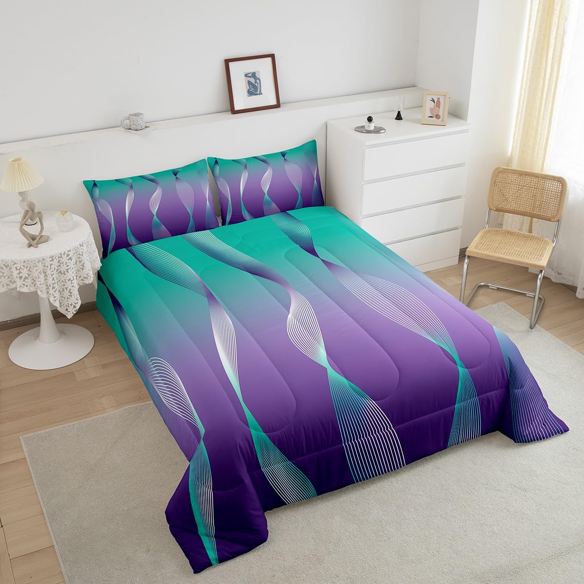 Erosebridal Gradient Gradient Teal to Purple Comforter Set for Girls,Irregular Silver Stripe Wave Line Quilt Ombre Bedding Set King,Abstract Art Room Decor Aesthetic