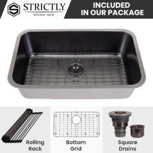 Strictly Sinks 29-3/4 Inch Undermount Kitchen Sink - 18 Gauge Single Bowl Kitchen Sink - Ideal Black Kitchen Sink with Single Strainer Drain, Bottom Grid & Roll Up Dish Drying Rack