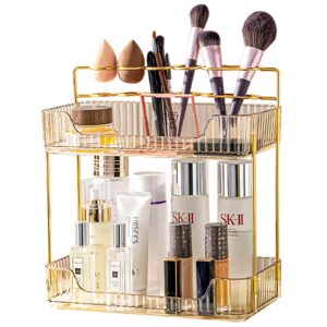 breis makeup organizer for vanity,2-tier large bathroom countertop cosmetic storage with makeup brush holder for skincare perfume nail polish and toiletries organizers(amber)