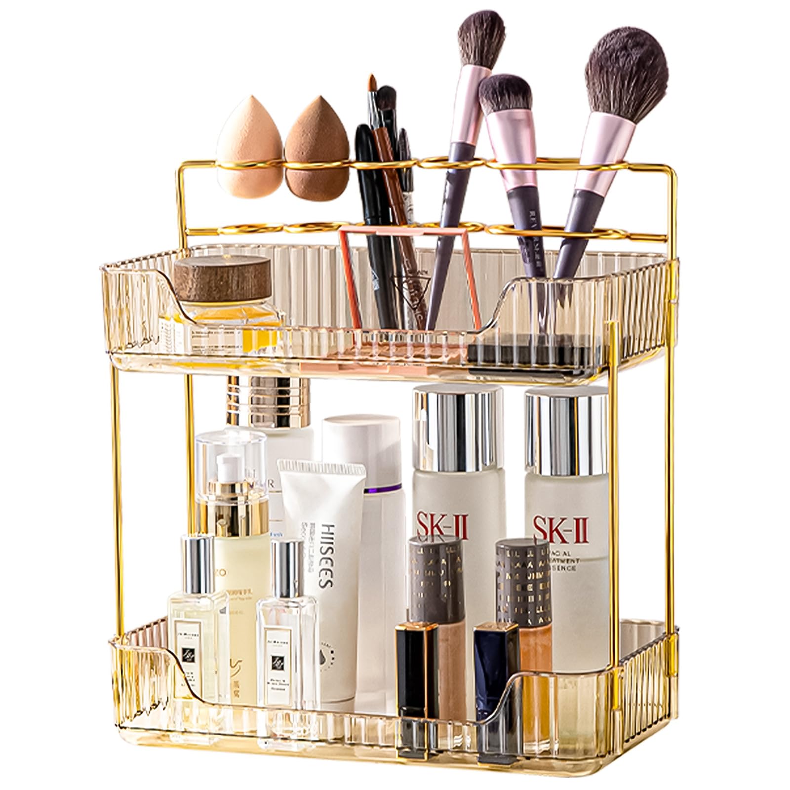 BREIS Makeup Organizer for Vanity,2-Tier Large Bathroom Countertop Cosmetic Storage with Makeup Brush Holder for Skincare Perfume Nail Polish and Toiletries Organizers(Amber)