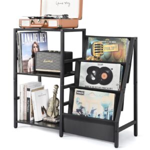 bikoney record player stand, turntable stand with 3-tier vinyl record storage, record player table up to 200 albums, end table for vinyl records, vinyl record holder