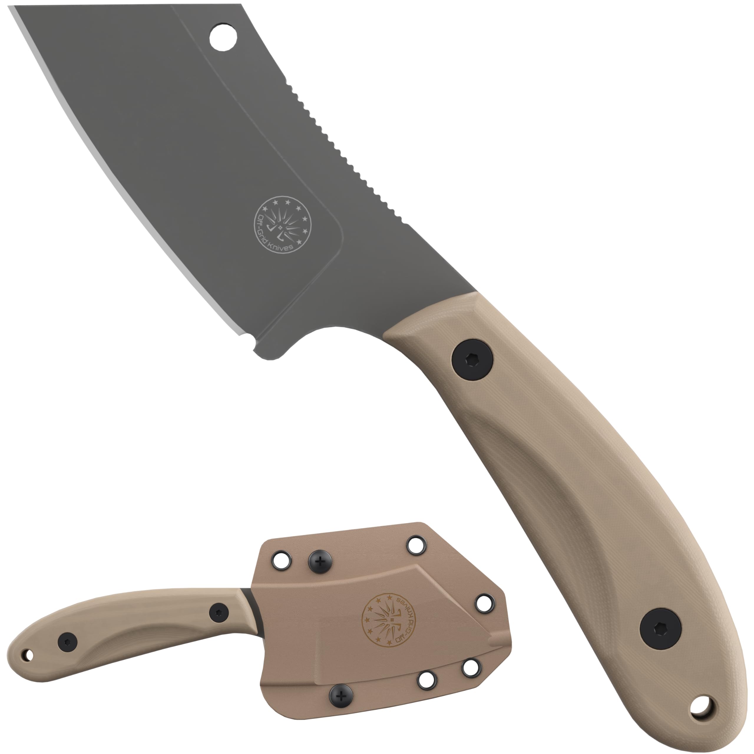 Off-Grid Knives - HOGLET EDC Fixed Blade Knife, Graywash Blade, Coyote G10 & Kydex Sheath with Scout and Vertical Belt Clip, Camping, Hunting, Hiking, Camp Kitchen Food Processing (Coyote)