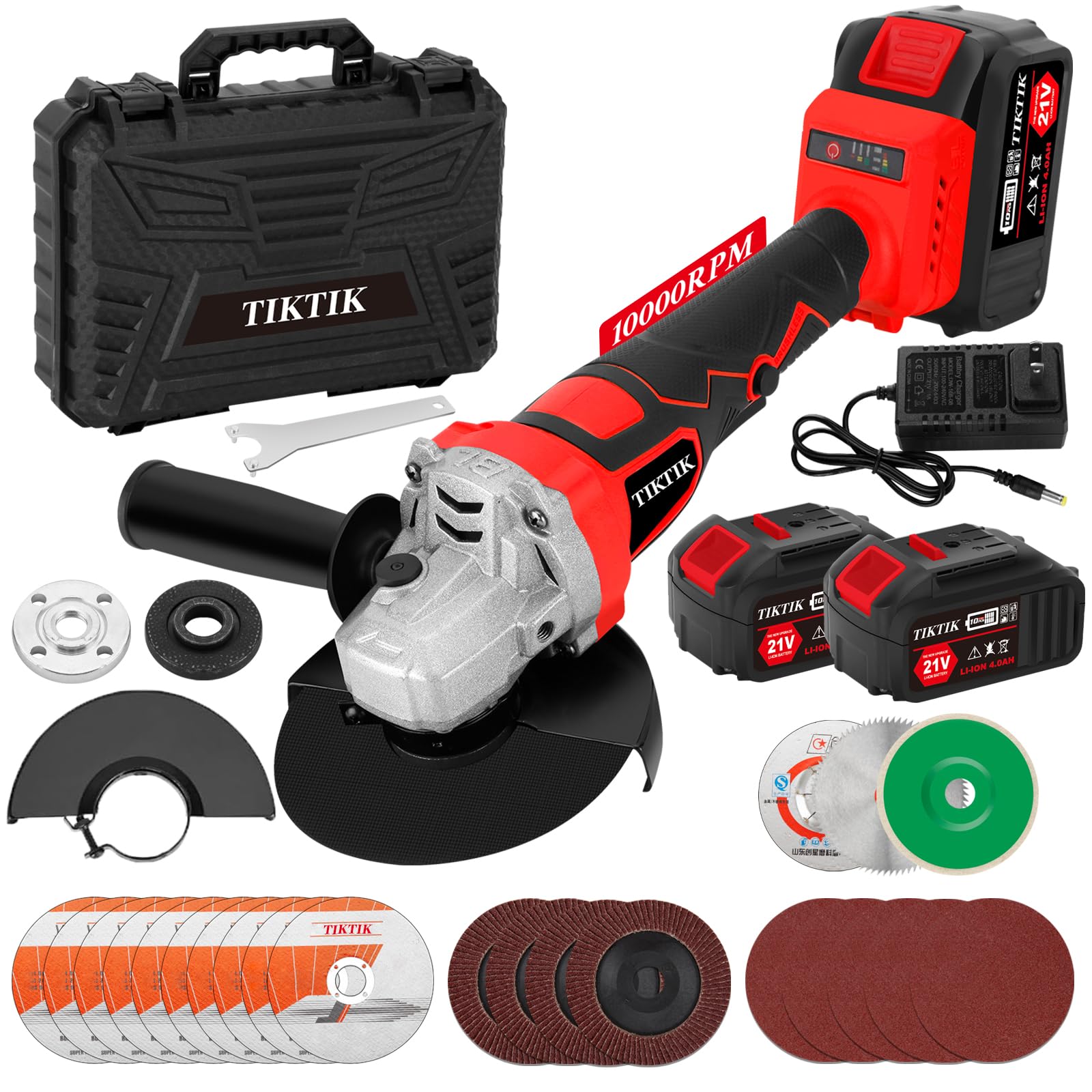 TIKTIK 5" Cordless Angle Grinder,10000PRM Battery Powered Grinder w/ 2 * 4.0Ah Battery and Charger,Brushless Metal Grinder w/Cutting Wheel,Flap Wheel,Wool Carving Wheel,for Polishing & Flip Disk