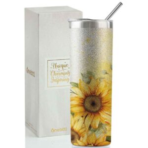 onebttl sunflower gifts for sunflower lovers, 20oz insulated stainless steel tumblers with lids and straws, sunflower gifts for best friend, christmas, birthday - glitter