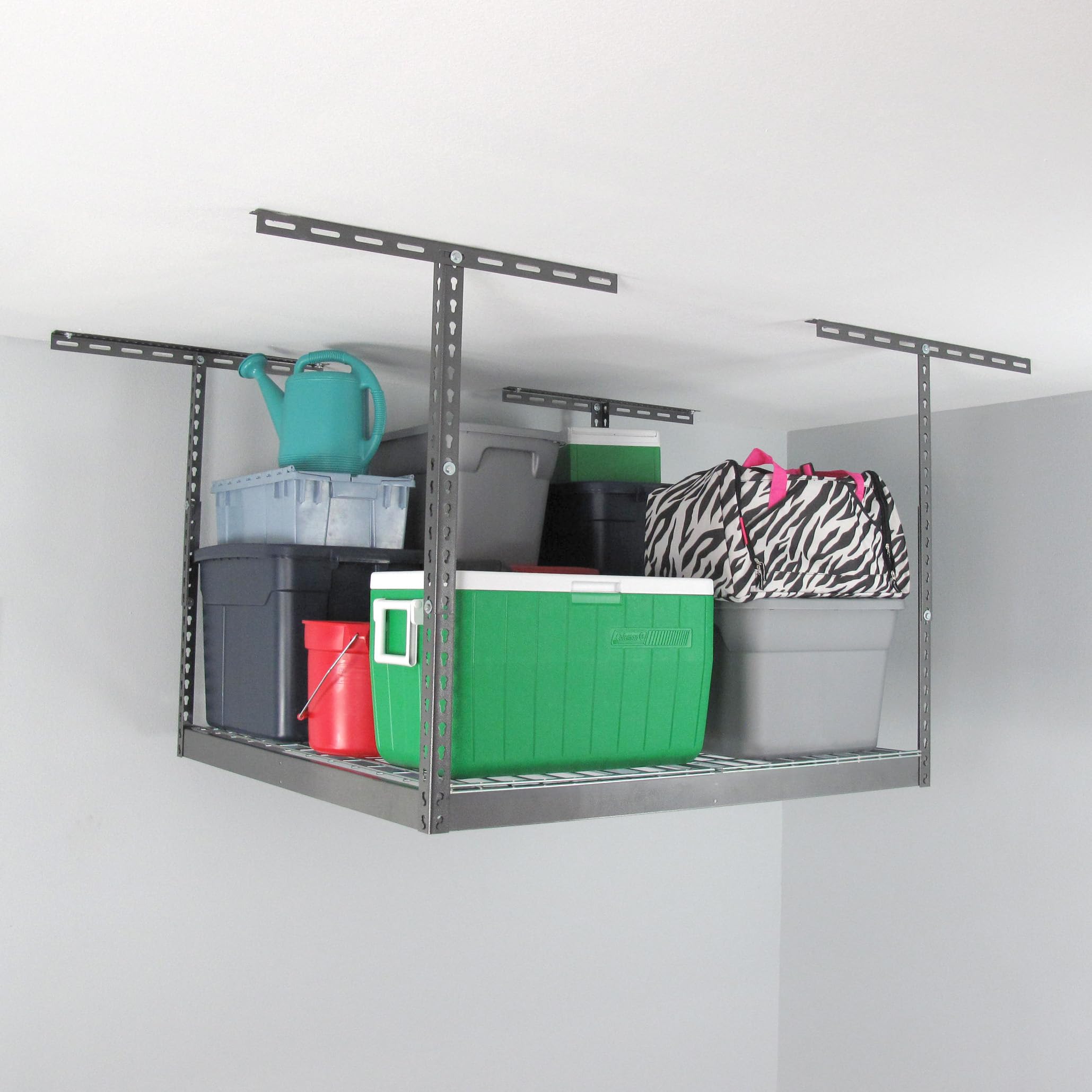 SafeRacks 4x4 Overhead Garage Storage Rack - Heavy Duty Storage Racks, Easy Garage Shelving, Ceiling Mounted Storage Shelves, Grey, 250 lb Capacity, 24"-45" Adjustable Height