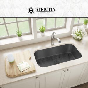 Strictly Sinks 29-3/4 Inch Undermount Kitchen Sink - 18 Gauge Single Bowl Kitchen Sink - Ideal Black Kitchen Sink with Single Strainer Drain, Bottom Grid & Roll Up Dish Drying Rack