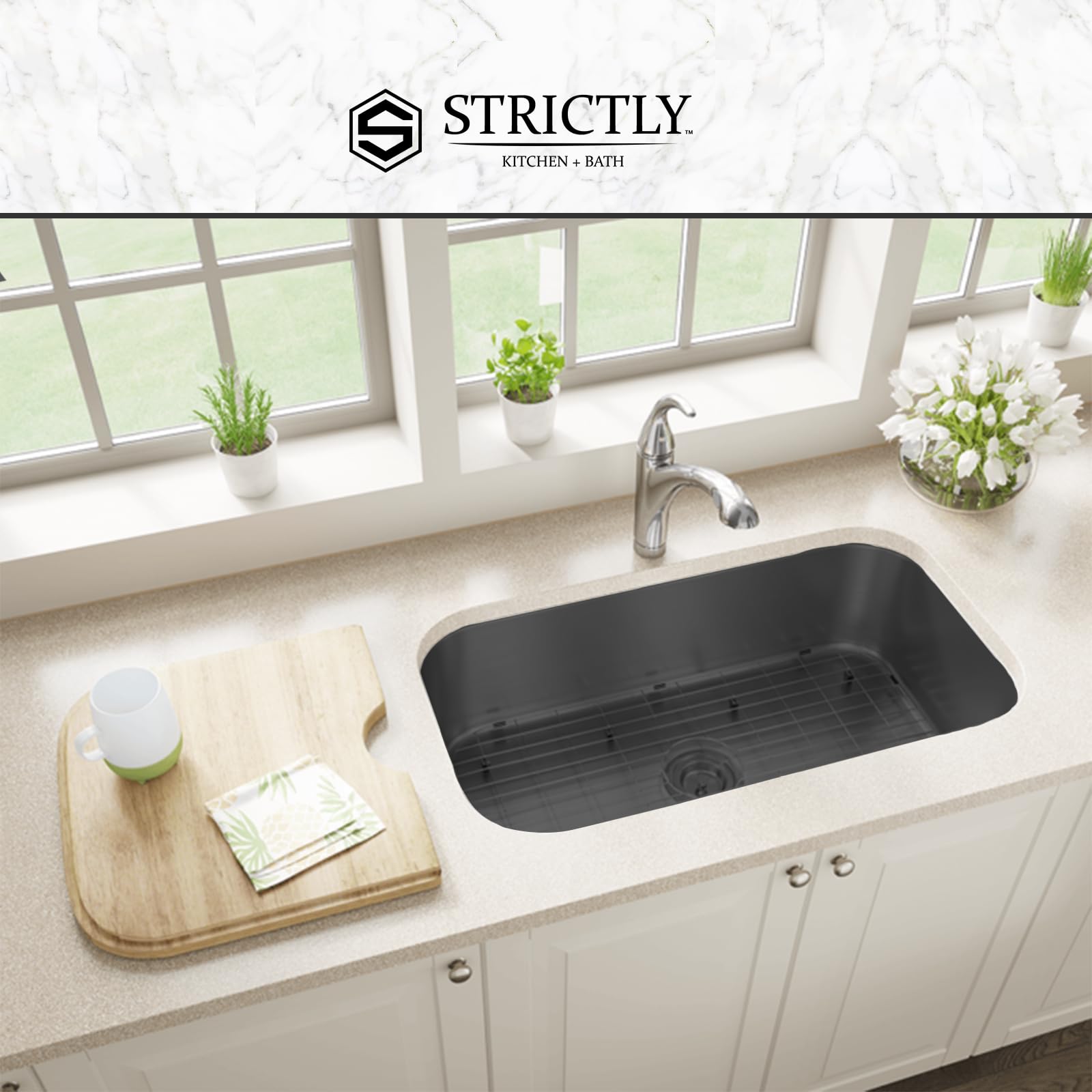 Strictly Sinks 29-3/4 Inch Undermount Kitchen Sink - 18 Gauge Single Bowl Kitchen Sink - Ideal Black Kitchen Sink with Single Strainer Drain, Bottom Grid & Roll Up Dish Drying Rack