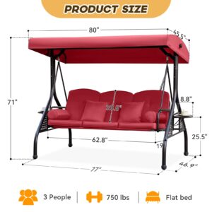 Yalissey 3 in 1 Outdoor Porch Swing with Adjustable Canopy, 3 Seat Outdoor Swing for Adults, Patio Swing Chair with Thickened Cushions,Pillows & Cup Holders for Backyard, Porch, Garden (Wine Red)