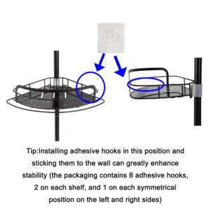 Everkeen Corner Shower Caddy Tension Pole, 4 Tier Bathroom Organizer and Shampoo Storage Shelves 48 to 115 inch Adjustable Floor Standing Bath Rack Holder with Sticky Hooks, Quick Installation