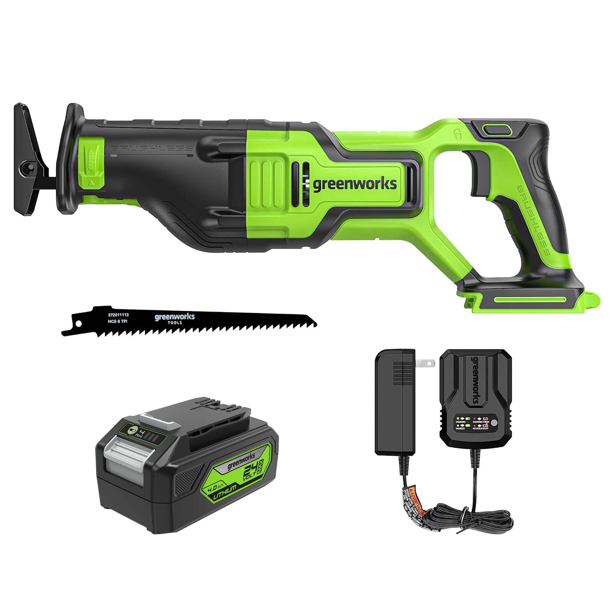 Greenworks 24V Brushless (1-1/8") Cordless Reciprocating Saw (2,700 SPM), 4.0Ah Battery and Compact Charger Included