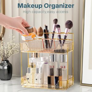 BREIS Makeup Organizer for Vanity,2-Tier Large Bathroom Countertop Cosmetic Storage with Makeup Brush Holder for Skincare Perfume Nail Polish and Toiletries Organizers(Amber)