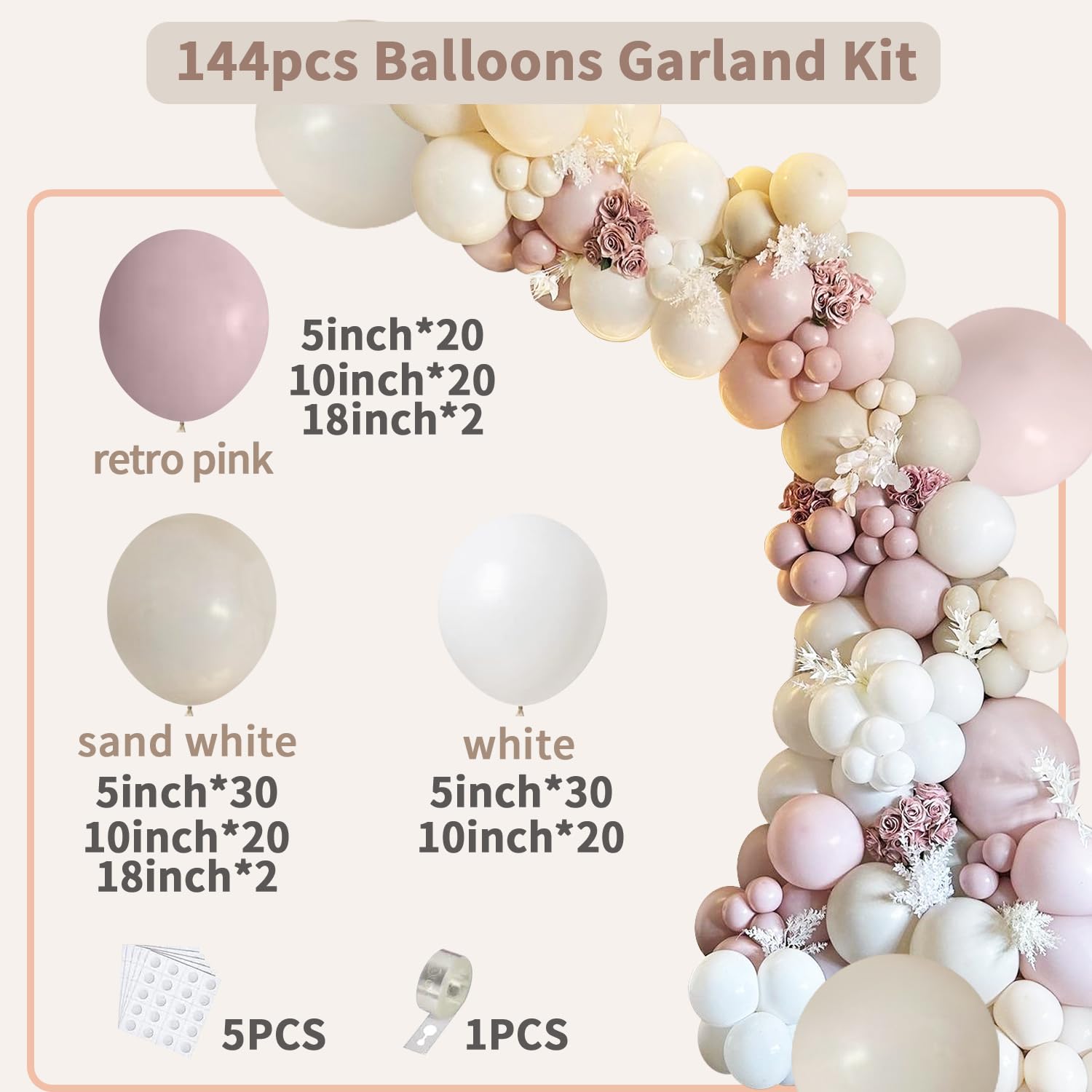 Fog Pink Sand White Boho Ballloons, 144pcs Blush Beige White Pink Balloons for Girl Women Baby Shower Bride Shower Party Decorations……