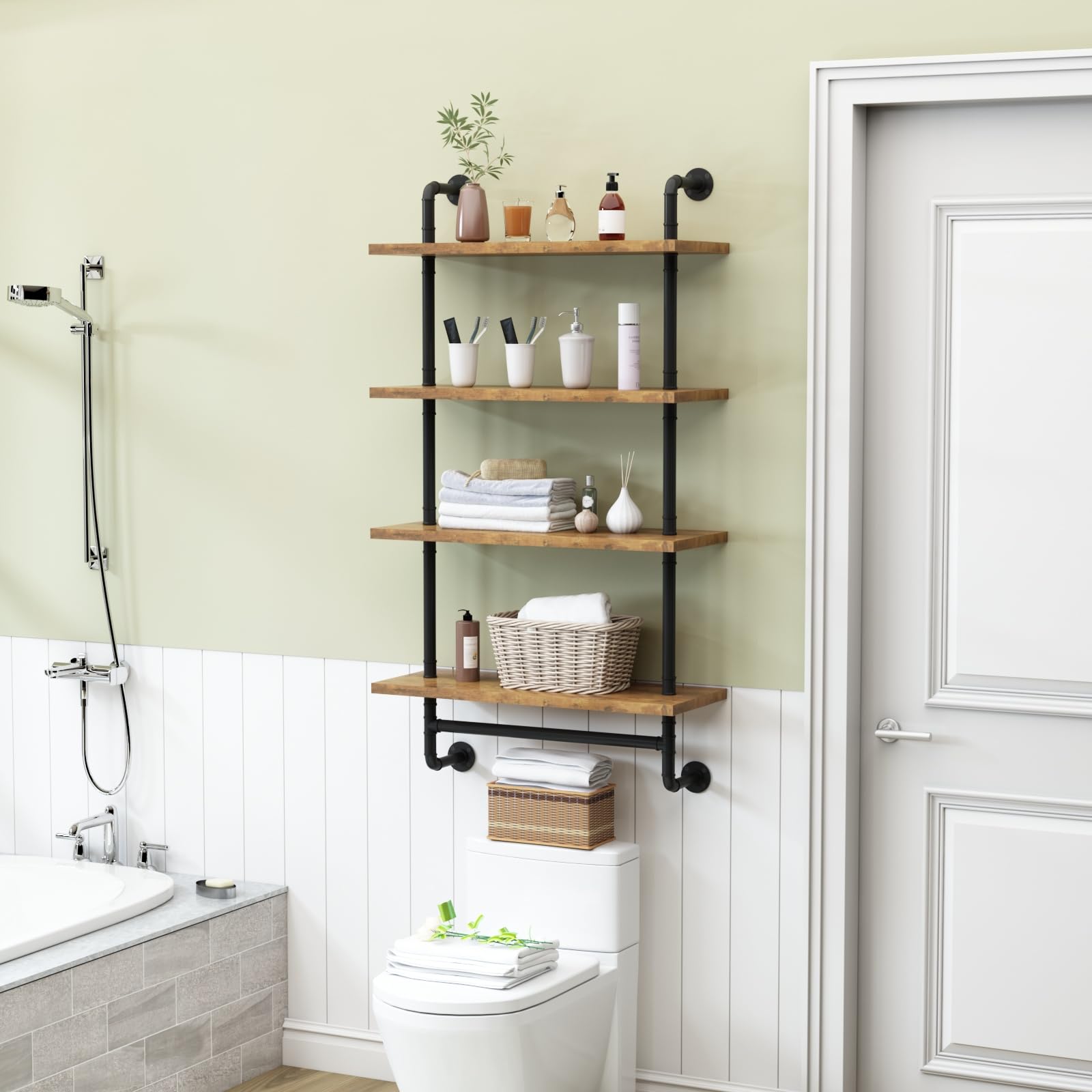 4-Tier Over The Toilet Storage Rack, Wall Mounted Bathroom Organize Shelf with Hanging Rod, Above Toilet Storage Shelf Bathroom Space Saver