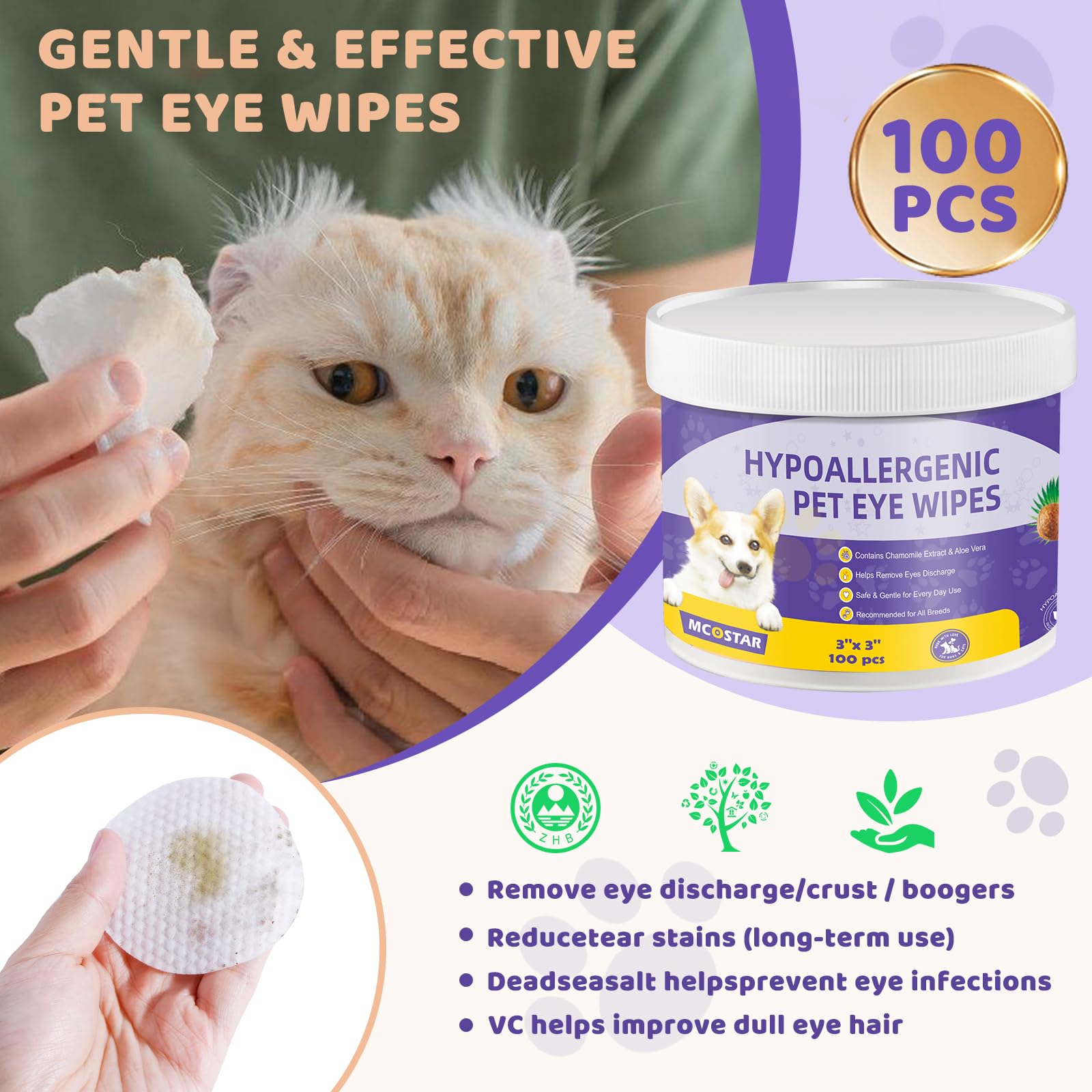 Eyes Wipes for Dog & Cat - Dog Eye Wipes Tear Stain Remover, Soft Pet Wipes for Gently Cleaning Eyes - Coconut Oil Pet Cleaning Grooming Deodorizing Wipes for Eyes, Face, Wrinkle