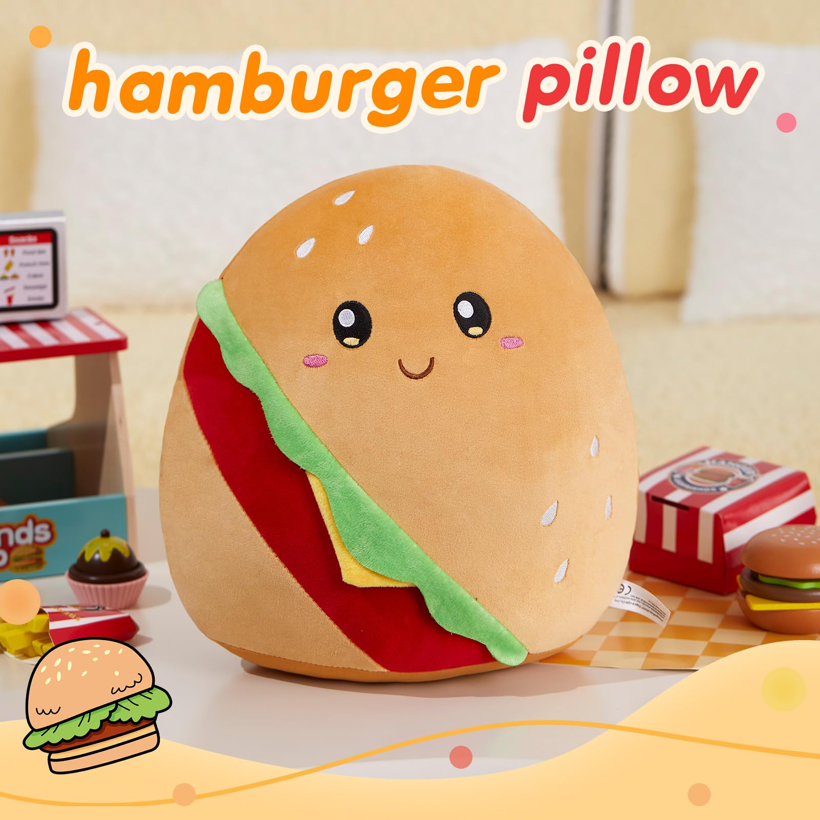 WEWILL Cute Hamburger Soft Plush Pillow Hamburger Stuffed Animal Plush Toy Birthday Christmas Holiday Weekend Gifts for Toddler Kids Boys Girls, 12''