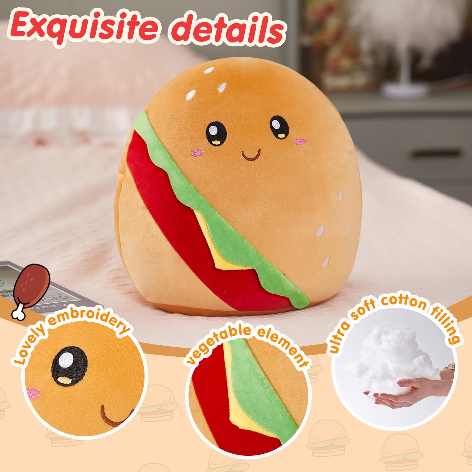 WEWILL Cute Hamburger Soft Plush Pillow Hamburger Stuffed Animal Plush Toy Birthday Christmas Holiday Weekend Gifts for Toddler Kids Boys Girls, 12''