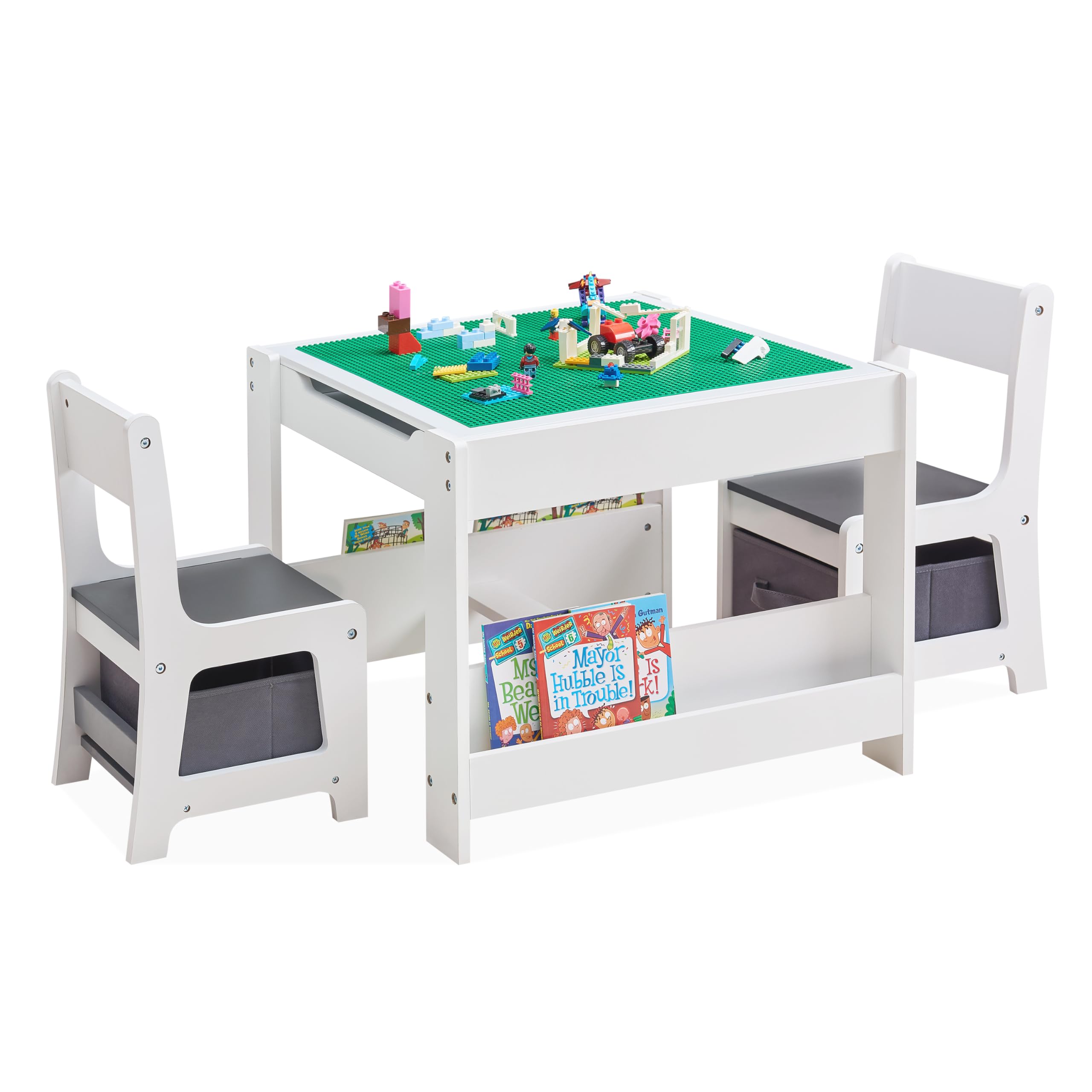 GABHX Kids Table and Chair Set, 4 in 1 Wooden Activity Table with Bookshelves and Storage Drawer, 2 in 1 Detachable Tabletop Construction Play Table Set for Drawing, Reading, Build Blocks