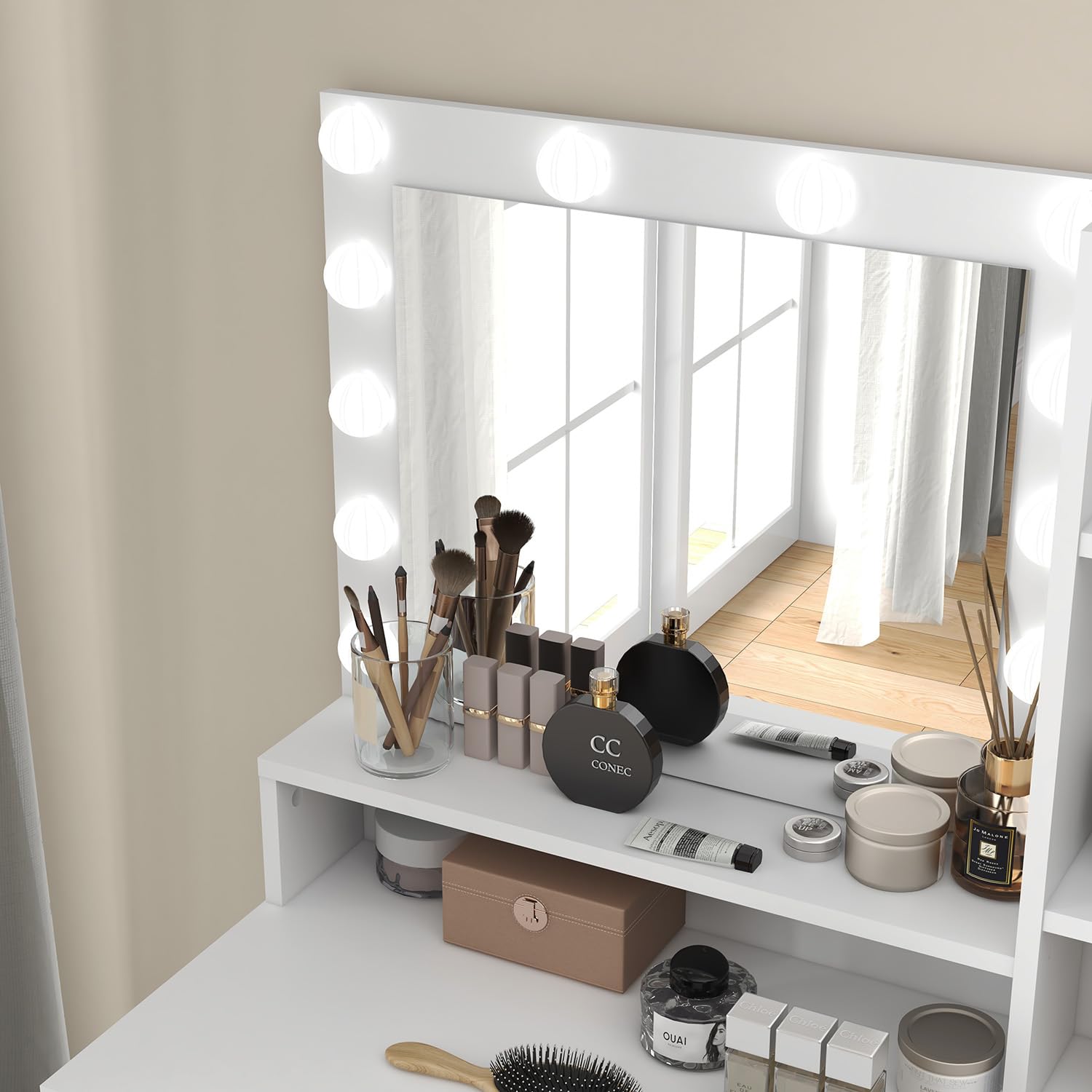 Vanity Desk, Vanity Mirror with Lights and Table Set with 1 Big Drawers, 1 Cabinet & 4 Shelves Makeup Vanity Set 3 Lighting Modes Brightness Adjustable Dressing Table (White)