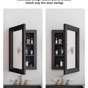 FLYJOE Medicine Cabinet Mirror 16 x 24 Inch Farmhouse Bathroom Mirror Door Paulownia Wood Storage Cabinet with Adjustable Shelves, Wall Mounted for Bathroom Living Room, Black