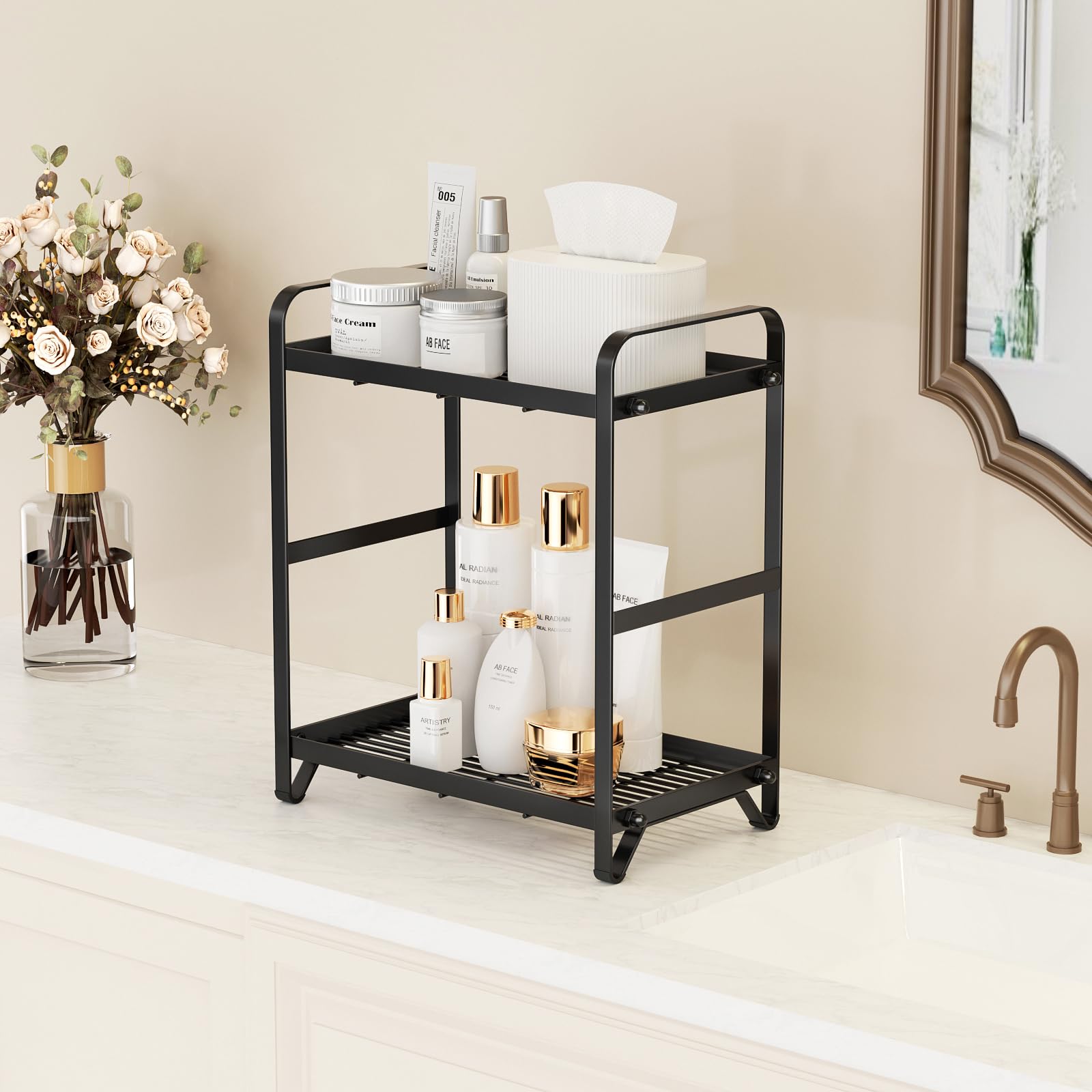 Josmimic Bathroom Makeup Organizer Countertop: Black Metal Countertop Organizer for Bathroom, Kitchen Storage Cosmetics, Spices