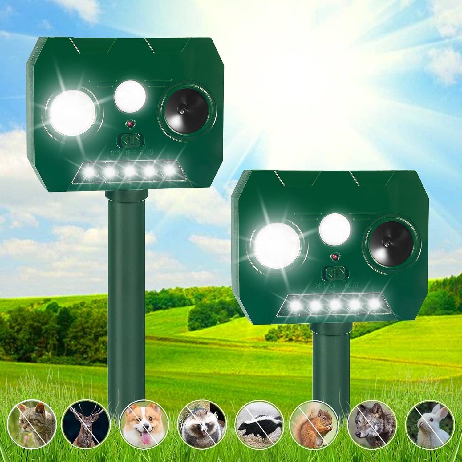 2 Pack 2024 Solar Ultrasonic Animal Repellent Waterproof Cat Deterrent Outdoor with Flash Light & Motion Detector for Squirrel, Cat, Deer, Skunk, Rabbit, Mole, Rat, Dog, Raccoon for Yard Lawns