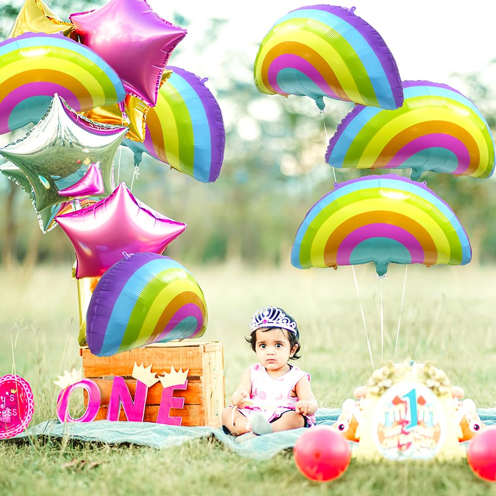 Colorful Rainbow Balloon Rainbow Bridge Balloon Blue Sky White Cloud Themed Party Supplies For Birthday Baby Shower Wedding Bridal Shower, 6 Pack Rainbow Foil Balloons Rainbow Pride Day Balloons