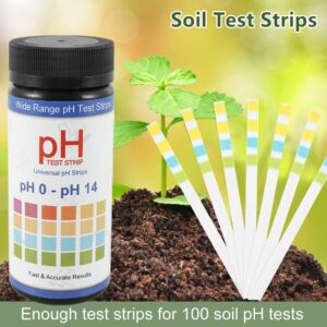 Soil Test Strips, 100 Tests PH Strips for Testing Soil, 0-14 PH Soil Tester Kit for Plants Potting Soil, Horticulture, Farm, Lawn Care