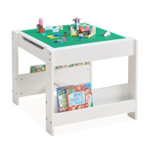 3 in 1 kids wooden activity table with bookshelves, 2 in 1 detachable tabletop construction play table for toddlers drawing, reading, crafts, build blocks (grey & white)