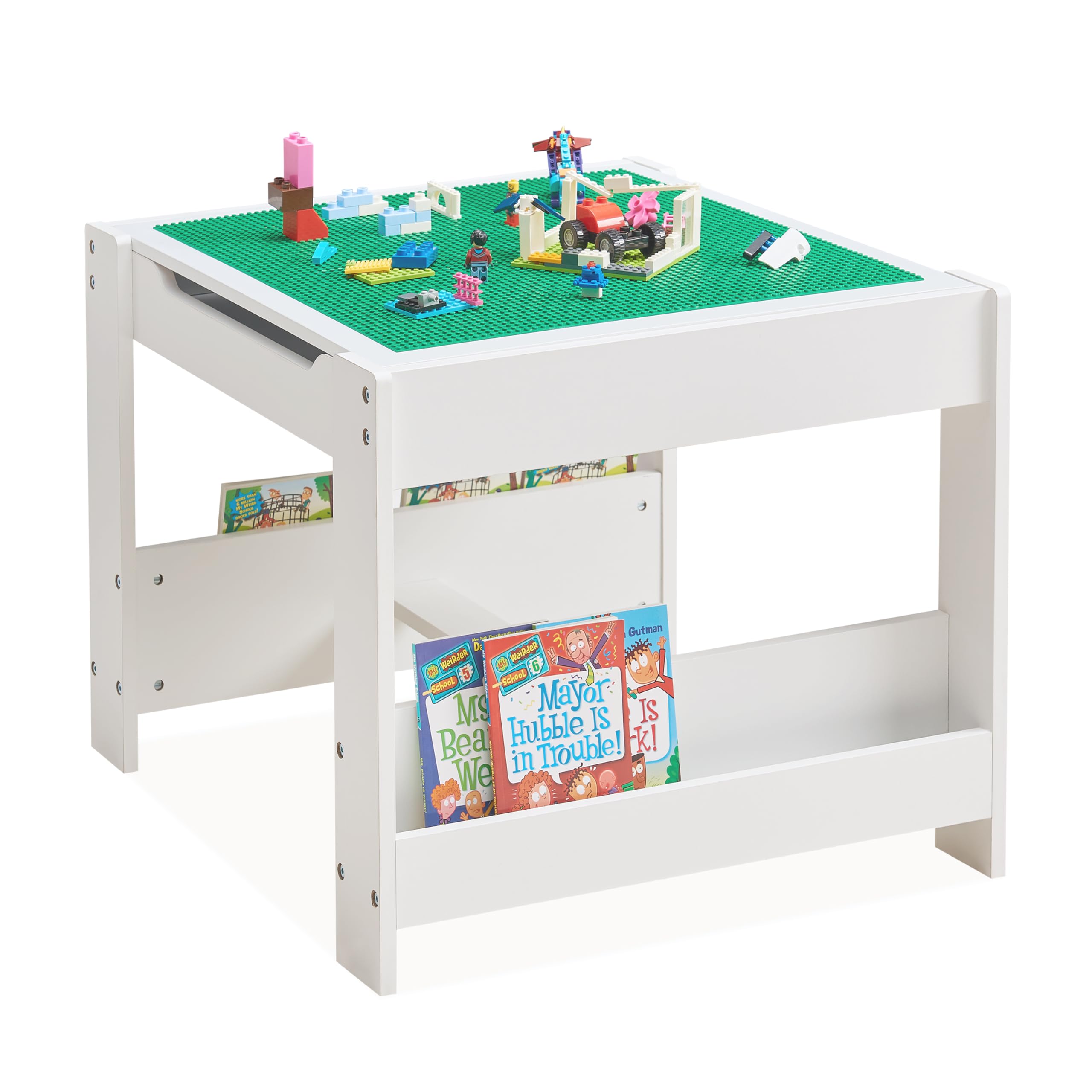 3 in 1 Kids Wooden Activity Table with Bookshelves, 2 in 1 Detachable Tabletop Construction Play Table for Toddlers Drawing, Reading, Crafts, Build Blocks (Grey & White)