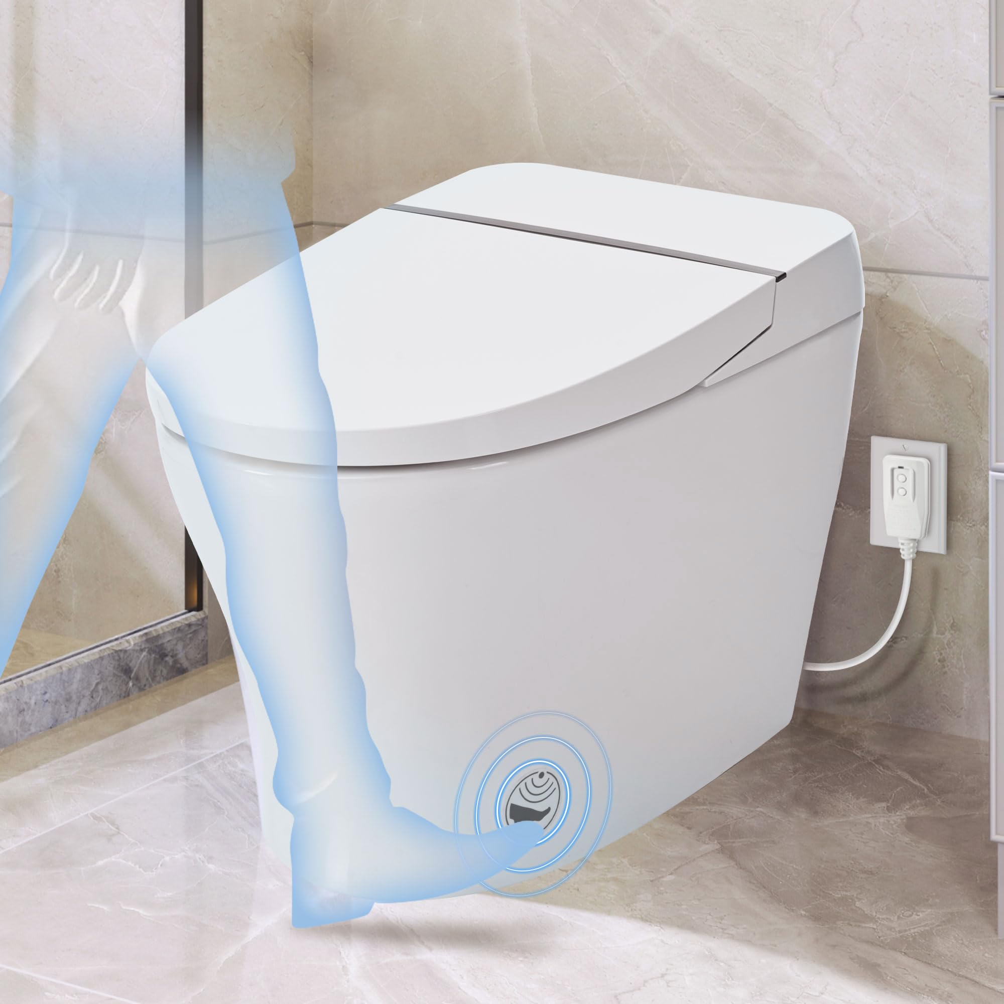 Smart Toilet Bidet Combo with Self-Cleaning Nozzle, Compact Dual Flush Toilet, Tank less toilet with Foot sensor Flush, White Night Light, Knob Control, Power Outage Flushing, Soft Close