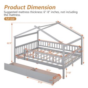 HUMEHA Full Size Bed Frame for Kids, Wood House Bed with 2 Drawers, Montessori Platform Bed with Roof and Fence for Boys Girls, Gray, 79.5''L x 57''W x 62.9''H