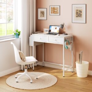 HOOBRO Small White Computer Desk with Power Outlet, 32 Inch Home Office Computer Desk with 2 Fabric Drawers, Study Desk for Small Spaces, with Side Pocket, for Study, Living Room, White WW42UDN01