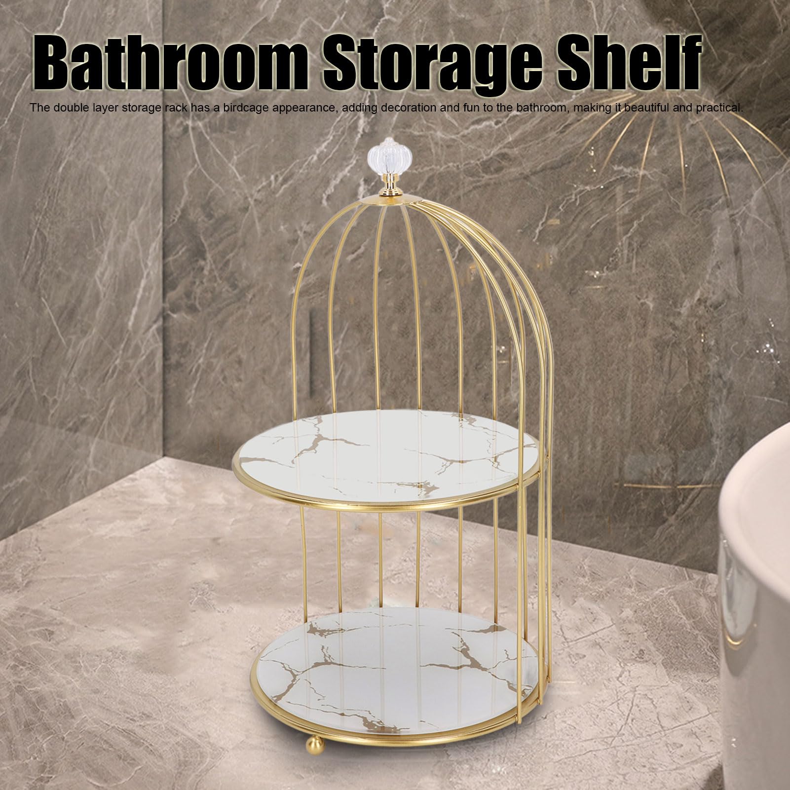 Double Layer Storage Shelf, Glass Bottom Plate Wear Gold Frame Bird Cage Organizer Rack for Bathroom Countertop (White Base Gold Pattern)