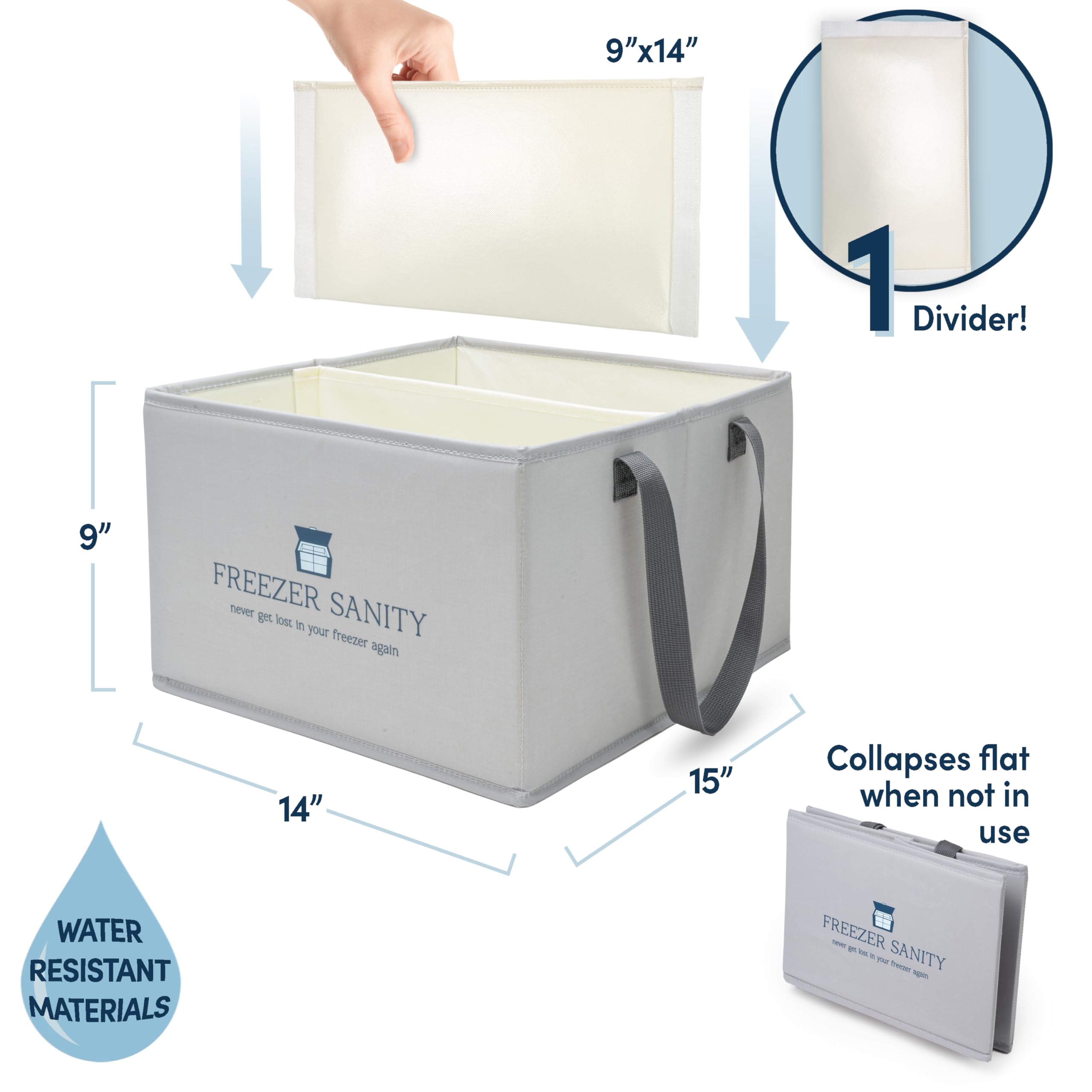 FREEZER SANITY Collapsible Freezer Organizer Bins - Stackable Storage Organizers with Custom Dividers, Handles, Ideal for Chest Freezers, Heavy-Duty, Water-Resistant Regular 15x14x9