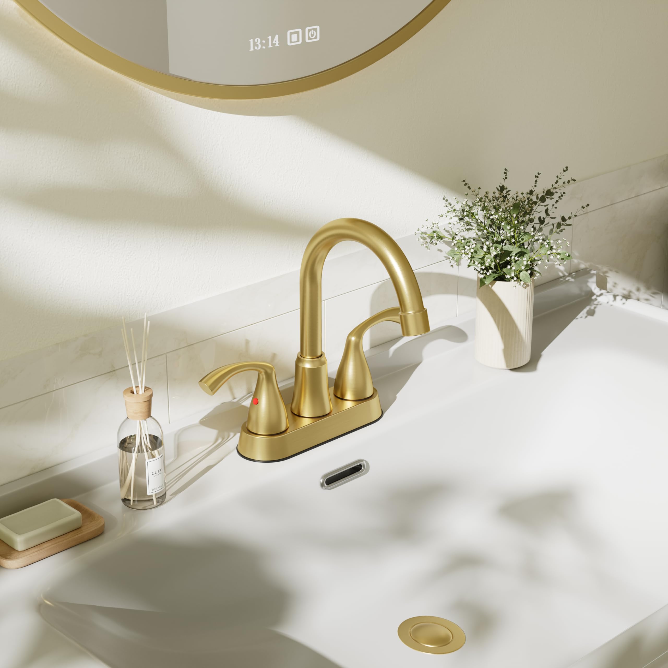 Phiestina Brushed Gold 4 Inch Centerset 2 or 3 Holes Bathroom Sink Faucet, Modern Vanity Faucet with 360 Swivel Spout, Metal Pop-up Drain and Water Supply Lines, JC180-BG