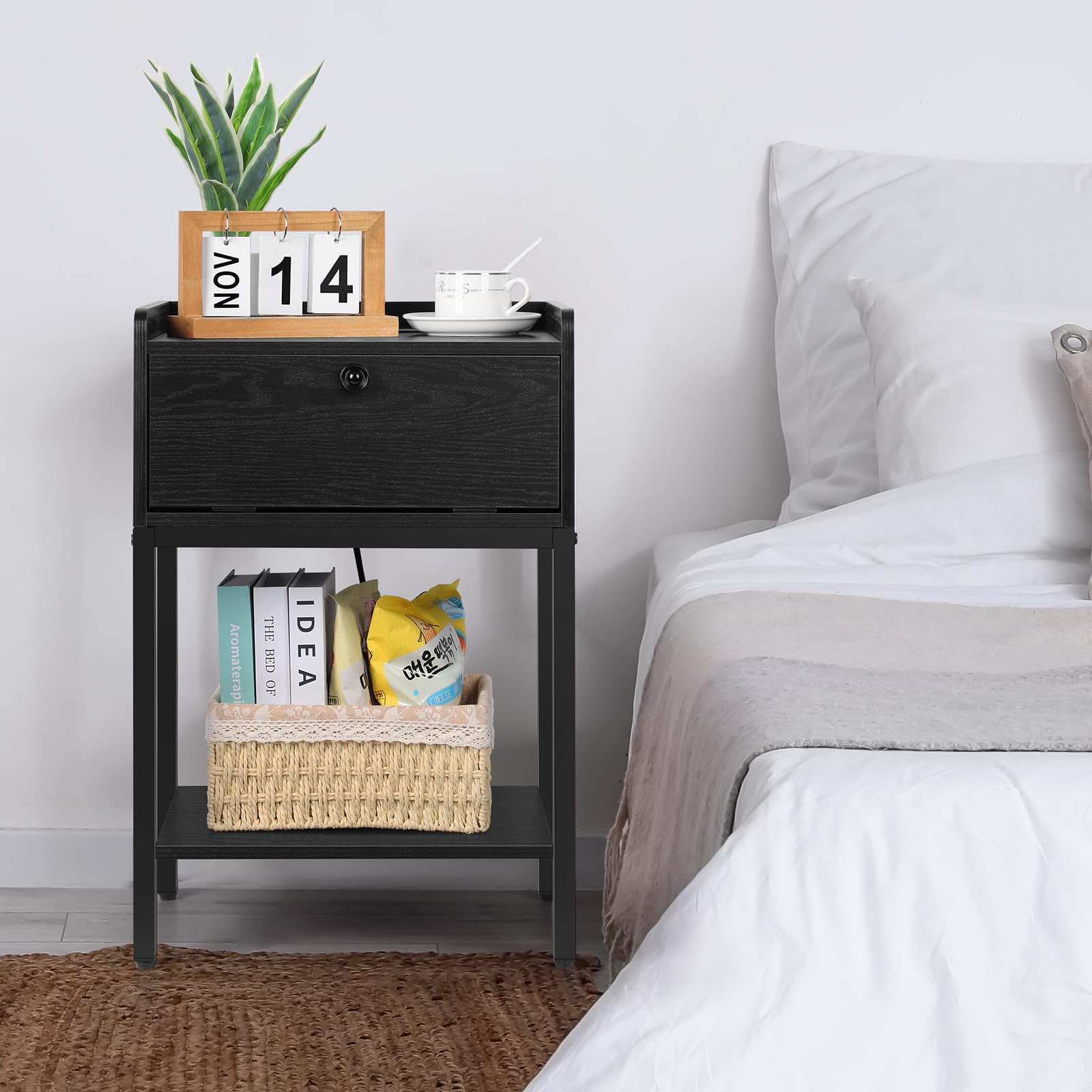 Night Stand with Charging Station, End Tables Living Room, Bed Side Table with Drawers, End Table with Storage, Small Side Table for Small Spaces, Night Table for Bedroom, Skinny Side Table for Couch