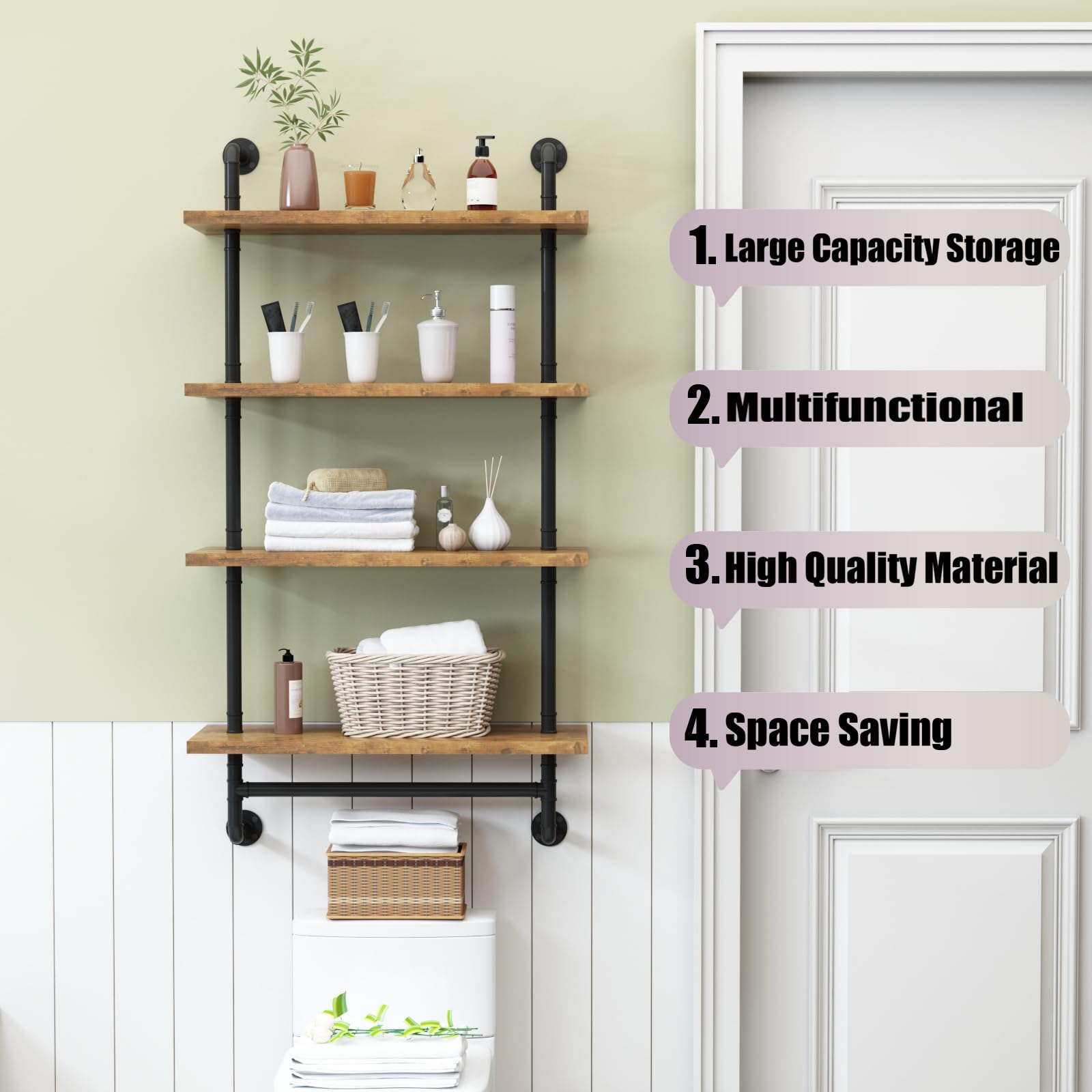 4-Tier Over The Toilet Storage Rack, Wall Mounted Bathroom Organize Shelf with Hanging Rod, Above Toilet Storage Shelf Bathroom Space Saver