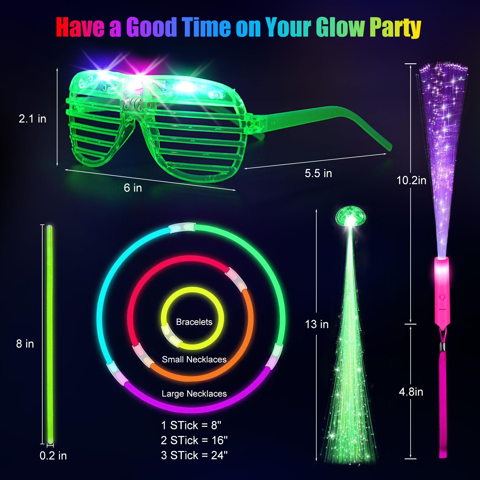 OLUPP 148 PCS Glow in the Dark Party Supplies, 16 PCS Glow Fiber Optic Wands, 14 PCS LED Glasses, 100 PCS Glow Sticks and 18 PCS LED Hair Clips Fiber Optic for Glow Party, Wedding, Concert, Birthday