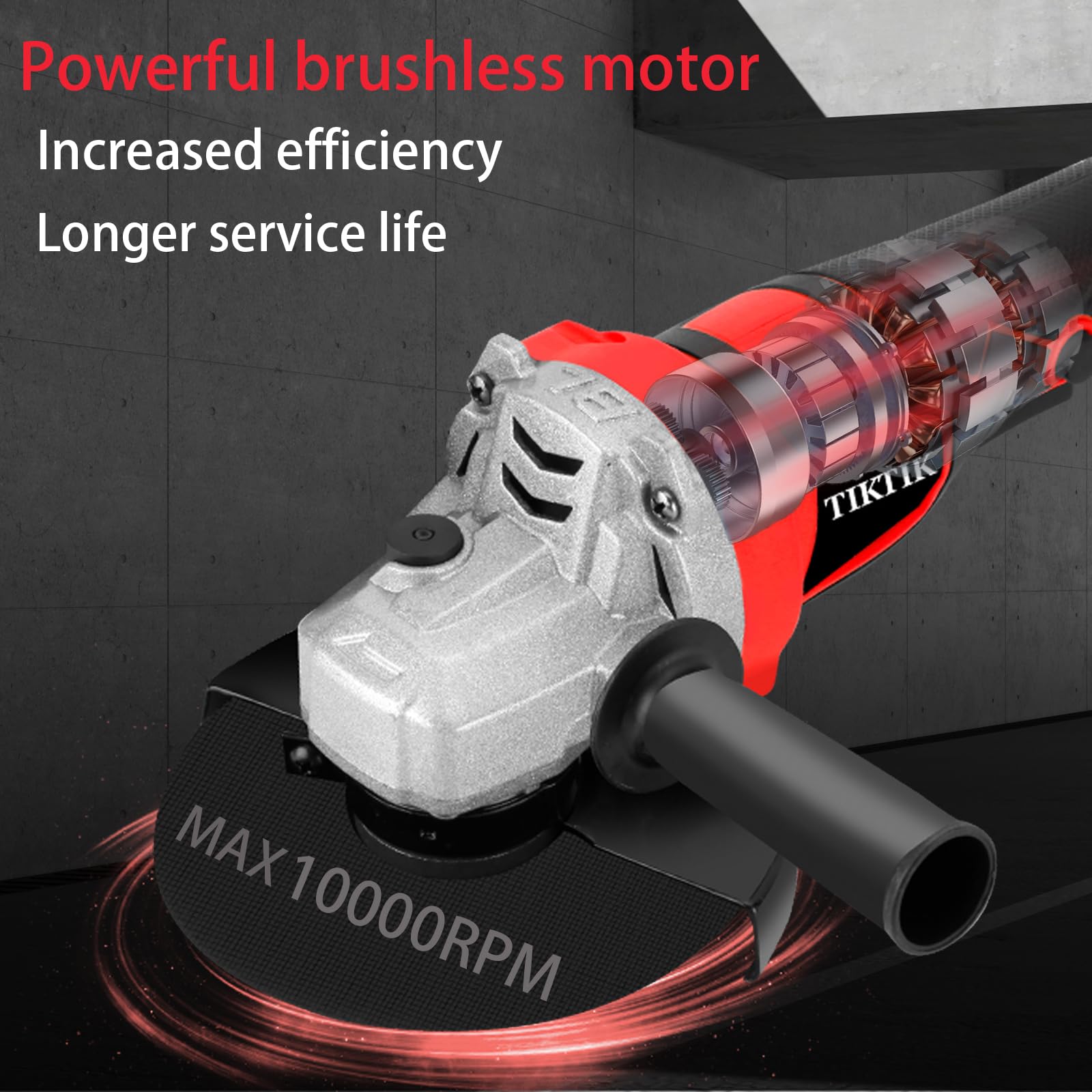 TIKTIK 5" Cordless Angle Grinder,10000PRM Battery Powered Grinder w/ 2 * 4.0Ah Battery and Charger,Brushless Metal Grinder w/Cutting Wheel,Flap Wheel,Wool Carving Wheel,for Polishing & Flip Disk