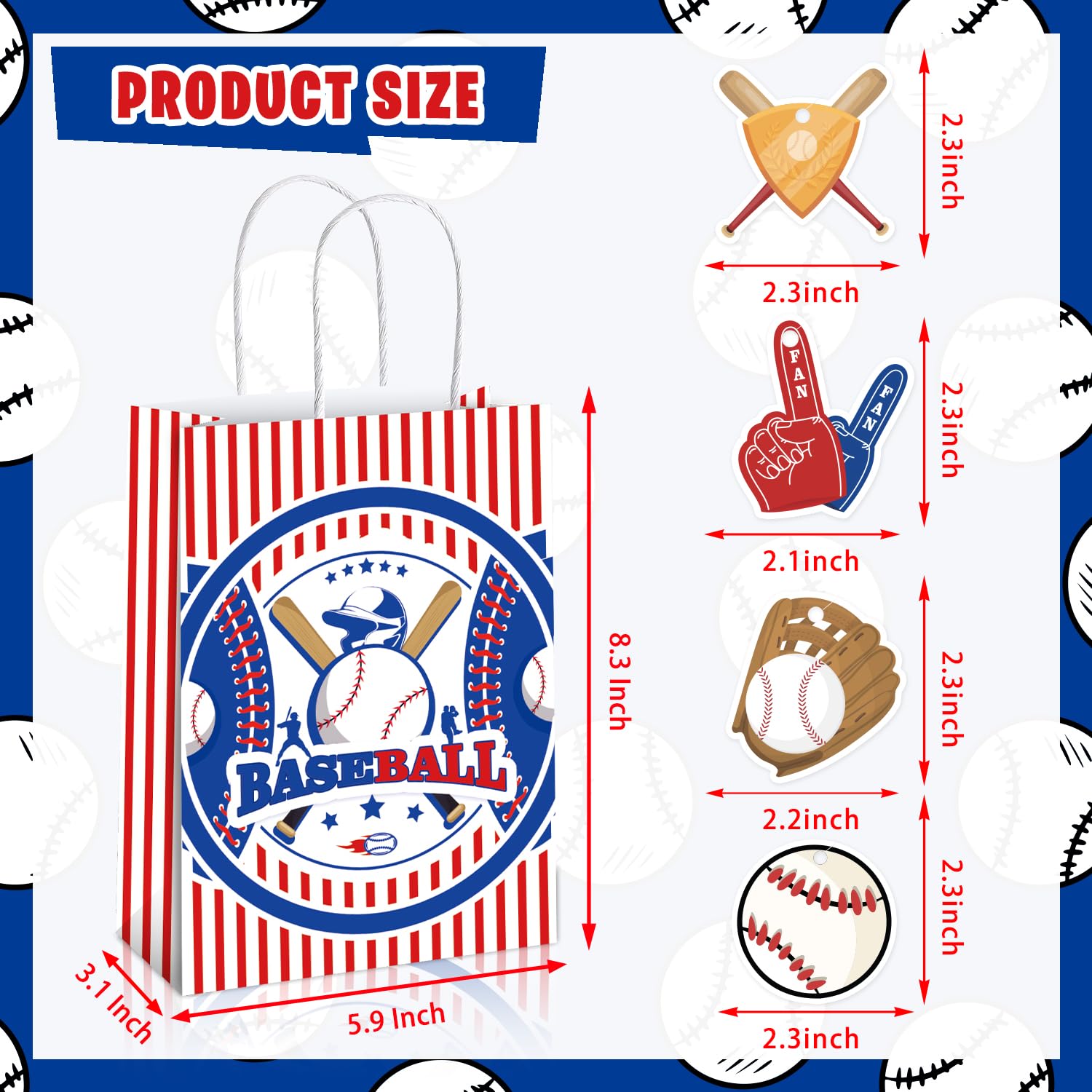 Mpanwen Baseball Goodie Bags, 16 Pcs Baseball Themed Party Favor Candy Treat Gifts Bags With Handle for Birthday Baby Shower Holiday Party Decorations